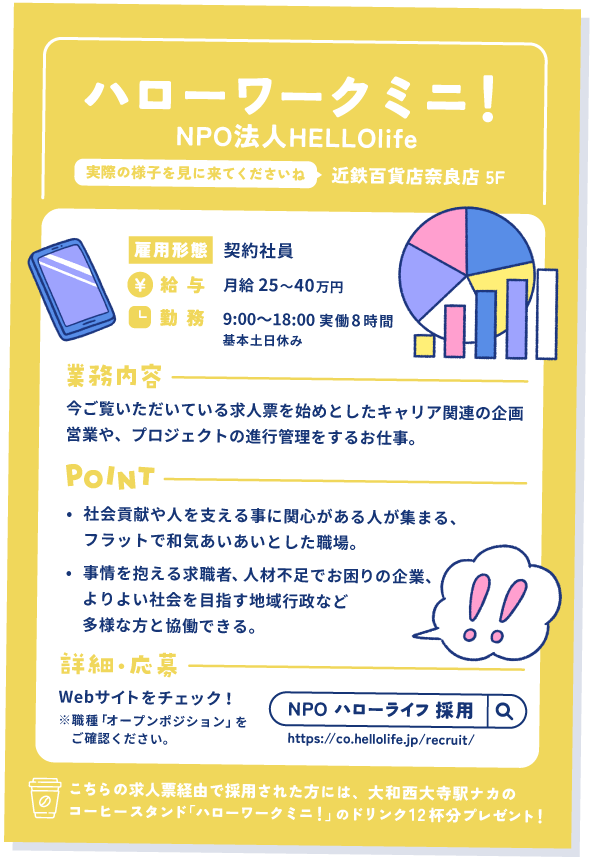 ハローワークミニ！企画営業職の求人票②
近鉄百貨店奈良店 5階。実際の様子を見に来てくださいね。

雇用形態①契約社員
給与：月給 25〜40万円
勤務：9:00〜18:00 実働8時間。基本土日休み

業務内容：今ご覧いただいている求人票を始めとしたキャリア関連の企画営業や、プロジェクトの進行管理をするお仕事。

ポイント
①社会貢献や人を支える事に関心がある人が集まる、フラットで和気あいあいとした職場。
②事情を抱える求職者、人材不足でお困りの企業、よりよい社会を目指す地域行政など多様な方と協働できる。

詳細・応募：Webサイトをチェック！
https://co.hellolife.jp/recruit/
※職種「オープンポジション」をご確認ください。

こちらの求人票経由で採用された方には、大和西大寺駅ナカのコーヒースタンド「ハローワークミニ！」のドリンク12杯分プレゼント！